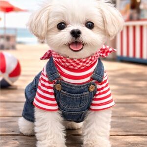 Chic Red and White Striped Dog Overalls